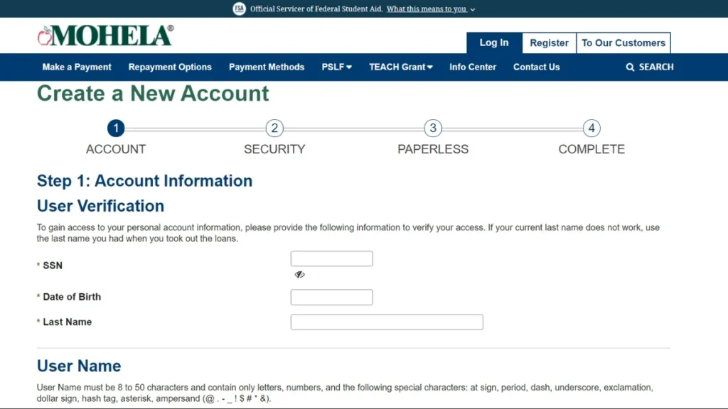 Mohela new FedLoan Servicer Online Account creation page